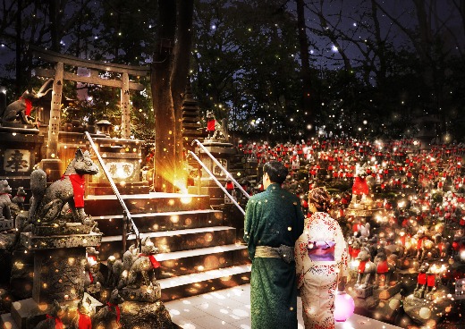 夜のお寺が光のアートで変身 愛知県の豊川稲荷で光る狐や花提灯のライトアップを体験しよう